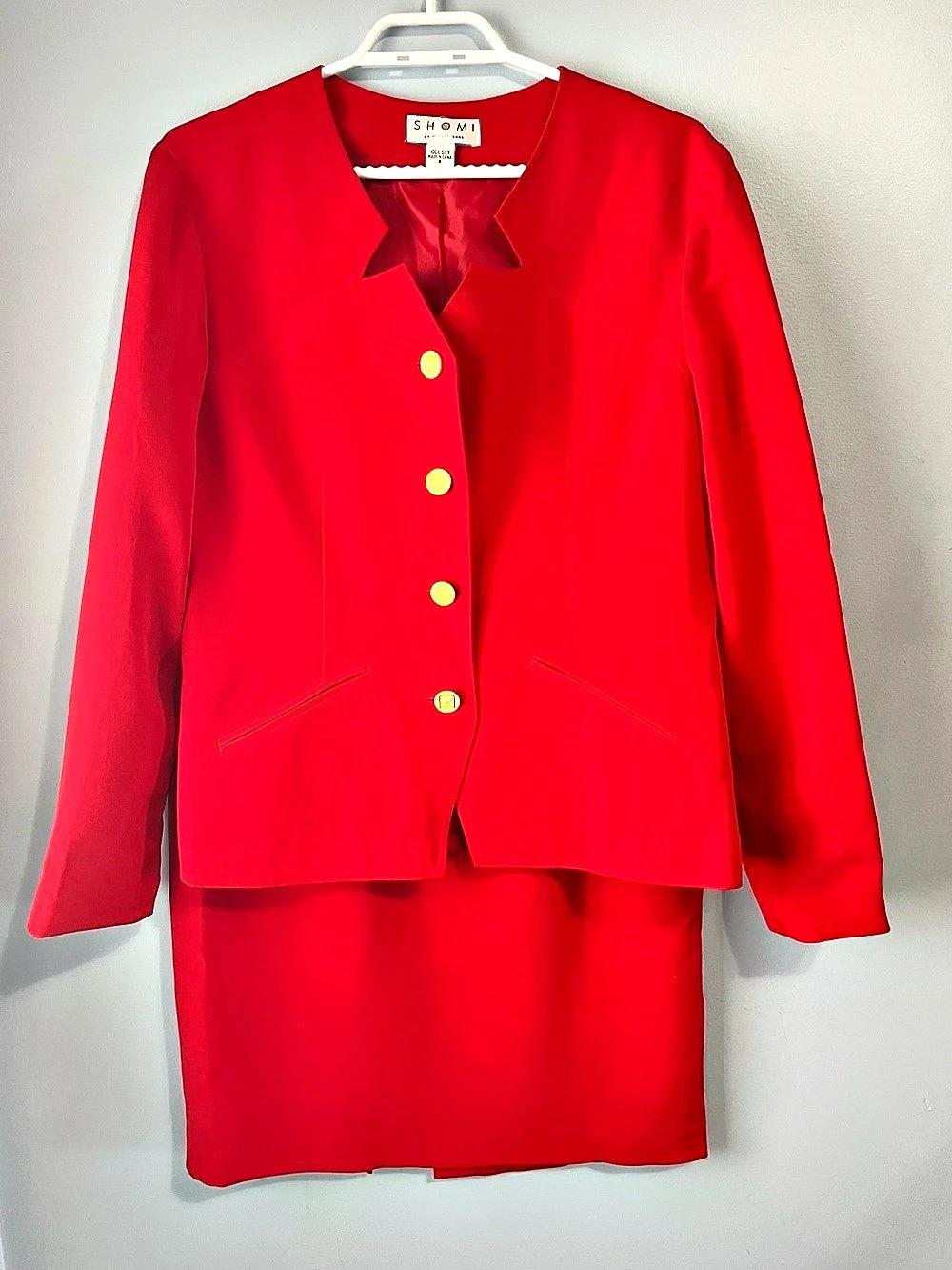 SHOMI By Miller Shor Red 100% Silk Skirt Blazer Suit Set Size 8